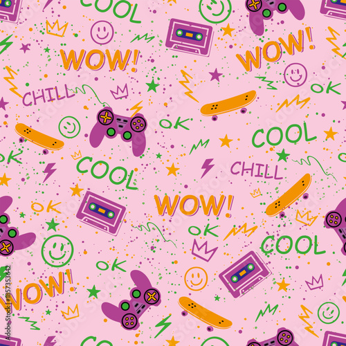 Vibrant youth lifestyle illustration featuring retro gaming gear, skateboards and music tapes. Fun hand drawn elements with spray paint splashes. Trendy repeat design for digital and print media.
