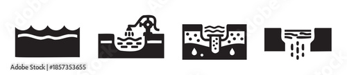 Water management process icons illustrating supply, purification, and usage of essential liquid resources for various applications and needs.