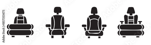 Car seats and child safety seats vector icons representing various types of comfortable and secure seating arrangements for vehicle interiors.