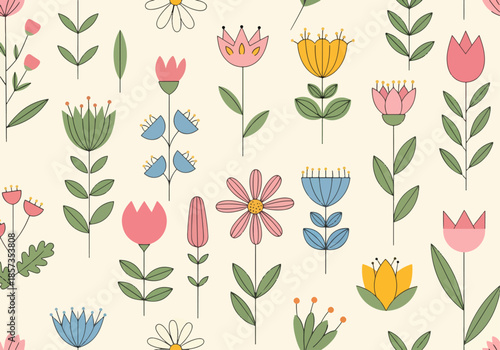 Floral seamless pattern. Repeating graphic element for printing on gift wrapping. Spring and summer season, floristry and botany, plants. Poster or banner for website. Cartoon flat vector illustration