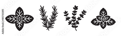 Herbs and spices silhouettes collection featuring various aromatic cooking ingredients for culinary design projects, food packaging, and recipe illustrations.