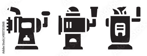 Three kitchen food grinders appliances set vector illustration showcasing different types of manual and electric machines for processing meat, vegetables, and other ingredients.