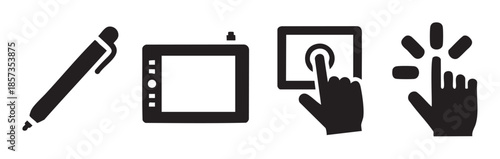 Digital drawing tools and touch screen interaction icons, including a stylus, graphic tablet, and hand gestures for creative design and user interface concepts.