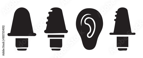 Earplugs and ear icons for hearing protection and sound devices, symbolizing auditory health, noise reduction, and listening technology.