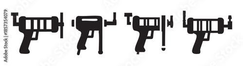 Four black silhouettes of caulking guns are arranged horizontally, showcasing various tool designs for construction and repair work.
