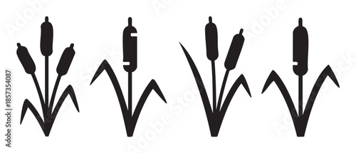 Cattails and bulrushes are depicted in a set of four simple black silhouette illustrations, showcasing their distinctive shapes and natural elegance.