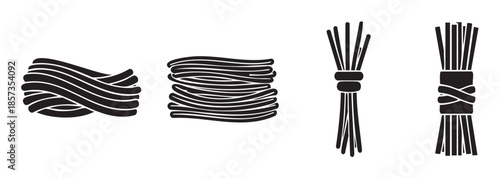 Abstract bundles of various linear elements and coiled strands illustrating different forms of tied or wrapped materials in a simple graphic style.