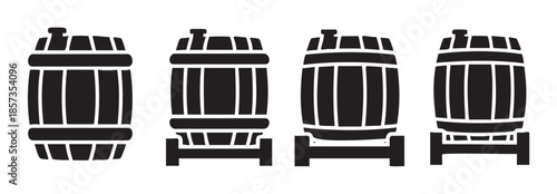 Four wooden barrels are depicted in a classic silhouette style, some resting on stands, suitable for various beverage and storage concepts.