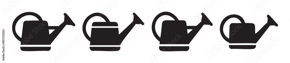 Obraz premium Four black watering cans icon set illustration, showcasing essential gardening tools for plant care, cultivation, and agricultural activities.
