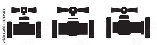 Three industrial valves icon set representing fluid control and regulation in various systems, useful for engineering and plumbing designs.