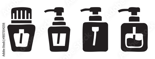 Cosmetic product bottles icon set featuring various dispenser types, including pump and brush applicators, for beauty and hygiene products.
