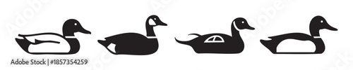 Four stylized ducks are depicted in a minimalist black and white graphic illustration, showcasing various waterfowl silhouettes in a row.