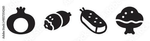 Pomegranate, berry, cucumber, and mushroom icons are depicted as bold black silhouettes, symbolizing fresh produce and healthy eating in a modern graphic style.