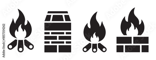 Campfire and fireplace icons depict flames burning wood or fuel within structures, symbolizing warmth, cooking, and outdoor adventures.