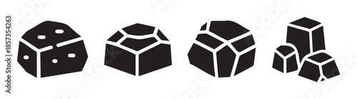 Stylized black and white rocks, stones, and minerals are depicted in a minimalist vector illustration, showcasing various geometric and organic forms suitable for design elements.