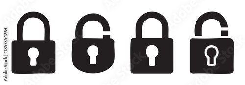 Four black padlock icons illustrating various states of security, from fully locked to completely unlocked, symbolizing digital protection and access control.