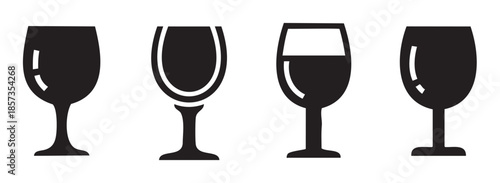 Four distinct wine glasses vector icons representing various styles and uses for beverages, perfect for menus, invitations, or digital design elements.
