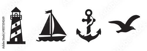 Nautical marine sea ocean travel symbols collection featuring a lighthouse, sailboat, anchor, and flying seagull in a simple black silhouette design.