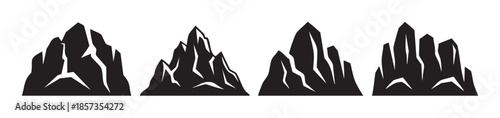 Four stylized mountain peaks vector illustration set showcasing rugged and sharp natural rock formations in a minimalist graphic design.