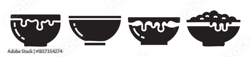 Bowls with various food and liquid designs showcasing different states of fullness and dripping sauces, presented as a set of minimalist black and white icons.