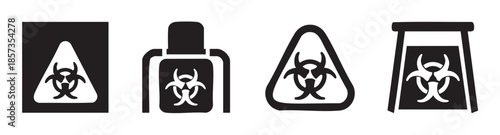 Biohazard symbols set of four distinct warning icons representing biological danger, hazardous materials, and infectious waste for safety.