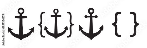 Three black anchor symbols are displayed alongside stylized curly braces, forming a clean graphic vector illustration suitable for various design projects.