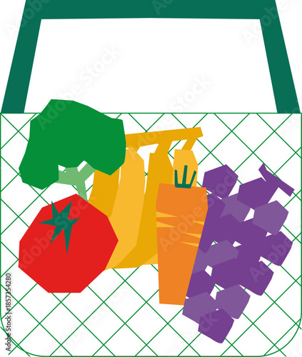 Simple Striped Vegetable Bag with Tomato, Broccoli, Banana, Carrot, and Grapes