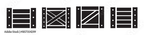 Four black and white wooden shipping crates are depicted as simple flat icons, illustrating various designs for transport and delivery.