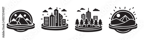 Landscape and city icons vector collection featuring diverse natural and urban scenes, perfect for web design and graphic elements.