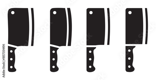 Four black meat cleavers vector icons set showcasing various butcher knife designs, essential tools for kitchen and culinary professionals.