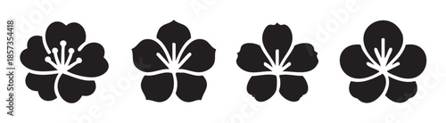 Four stylized black flower icons, depicting traditional Japanese plum blossoms or sakura, are arranged horizontally as elegant symbols for various design projects.