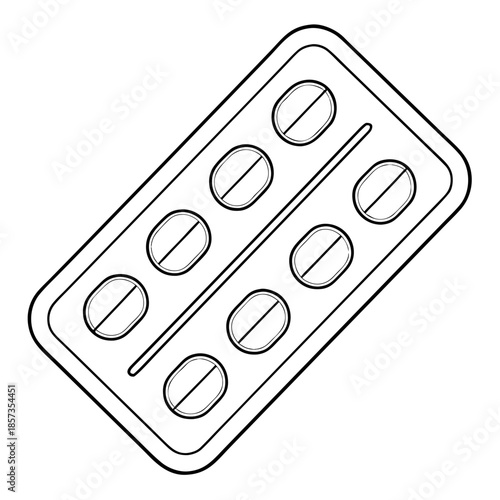 Pills in a Blister Pack: A simple, line-drawn depiction of a blister pack filled with pills, signifying health, medication, and healthcare. 