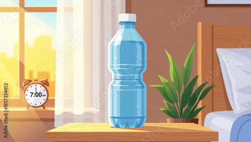 Bright Morning Scene with Blue Water Bottle on Table.