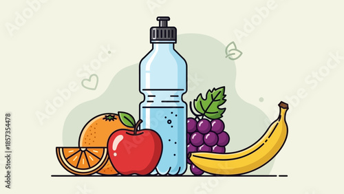 Assorted Fresh Fruits and Water Bottle Illustration.