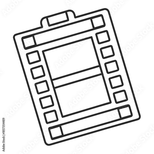 Film Roll Icon: A minimalistic monochrome representation of a classic film roll, capturing the essence of cinema and visual storytelling, perfect for design needs.