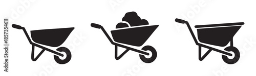 Three wheelbarrow icons representing gardening, construction, and landscaping tasks, with one full of material and two empty, illustrating various uses for the essential tool.