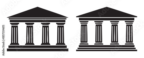 Classical building icon vector illustration set of two simple black silhouettes depicting ancient architectural structures with prominent columns.