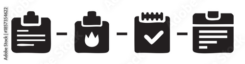 Document process workflow icons illustrating a sequence of business steps from initial task identification to problem resolution and final completion.