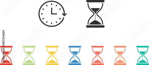 Time Management Icon Set Featuring Analog Clock with Circular Arrow and Black Hourglass with Colorful Sand Timer Variations in Red Yellow Blue and Green