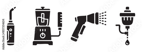 Kitchen and cleaning appliances vector glyph icons set, featuring a water flosser, blender, spray gun, and water filter in a modern, minimalist style.