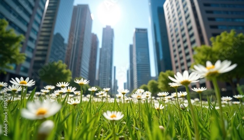 Field of daisies grows in urban park between tall skyscrapers. Green grass and bright white flowers bloom in city center. Nature thrives among modern buildings.