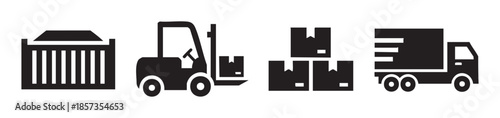 Logistics and shipping icons illustrating various stages of transportation, including container, forklift, packages, and delivery truck for global supply chain operations.
