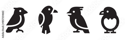 Four different stylized black bird icons are presented in a row, representing various avian species with simple, modern, and clean graphic designs.