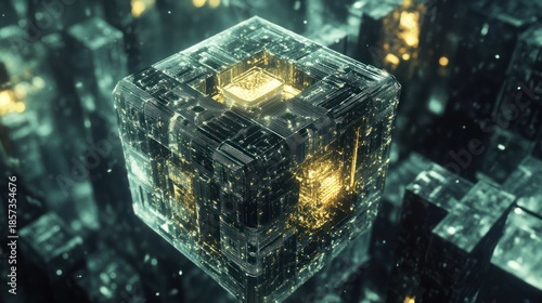 An unsolved cryptographic puzzle (like P vs NP), visualized as a fantastically complex, interlocking mechanical lock made of light and energy, with no visible keyhole, floating in a void. 