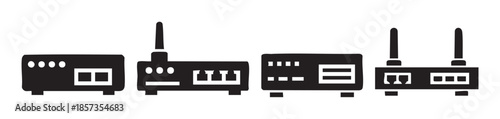Network routers and modems set of four different black silhouette icons representing internet connectivity and communication devices.