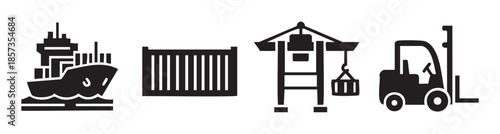 Global shipping and logistics icons representing cargo transport, port operations, and efficient delivery services crucial for international trade and commerce.