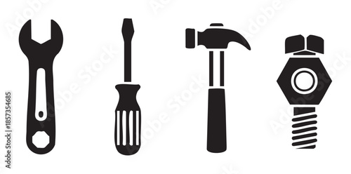 Various essential hand tools and hardware items are depicted as black silhouettes, representing concepts of repair, construction, and maintenance.