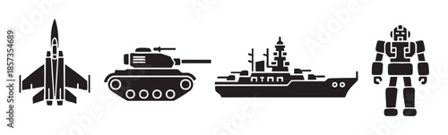 Various military vehicles and a robot icon set in a clean, minimalist black silhouette style, suitable for defense and technology concepts.