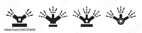 Water sprinklers irrigation system icons set showing different types of automatic garden watering devices for lawns and plants, vector illustration.