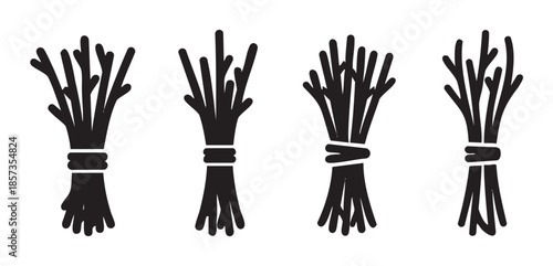 Four stylized bundles of sticks tied together, presented as simple black silhouette vector illustrations for various design purposes.
